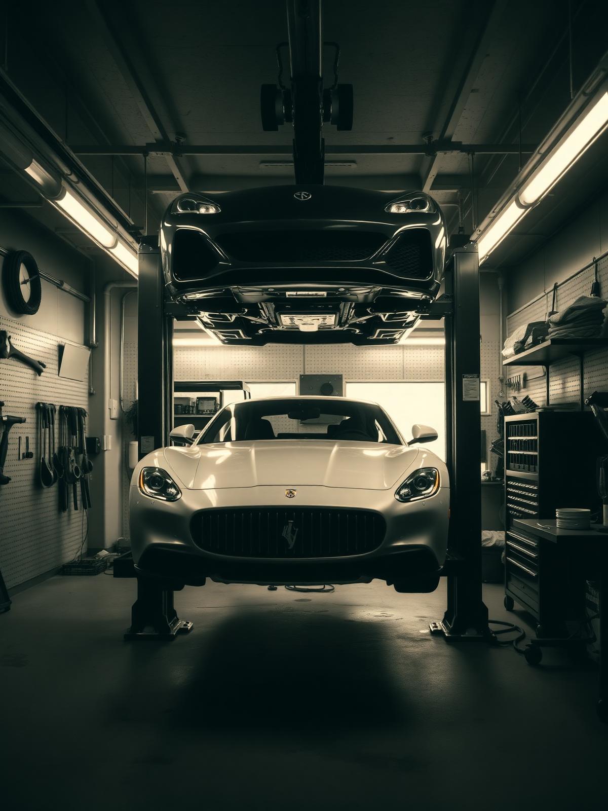Inside Sam's Auto shop with a vehicle on a lift